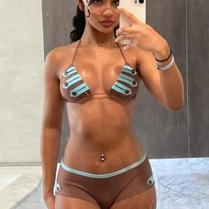 Kliou Metal Button 2 Piece Set Woman Lace-Up Halter Backless Bra Top+Elastic Waist Shorts Vacation Beach Party Style Bikini Suit