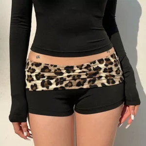 Contrast Patchwork Leopard Low Waist Slim Sexy Booty Shorts Womens Baddie Outfits
