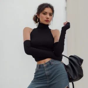 Woman Clothes Fall 2025 Tank Top Sleeve Cover Sleevless Side Pleats Turtleneck T-shirt Sexy Ribbed Knitted Tops Y2k 2529